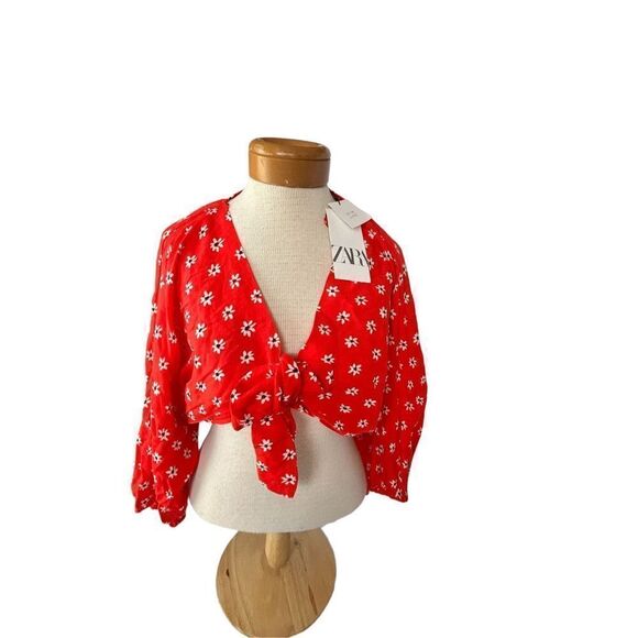 Zara red front tie floral crop blouse size medium NWT - Picture 1 of 9